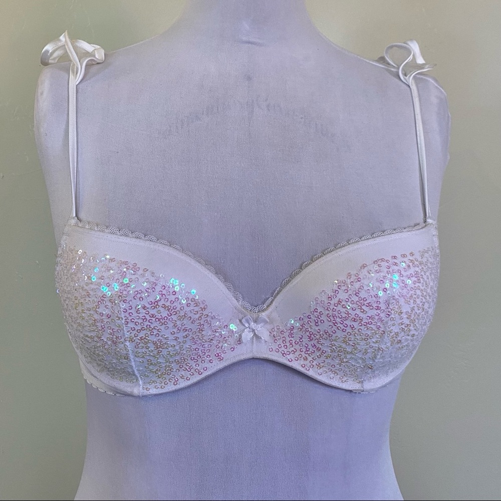 RARE Victoria’s Secret Sequin Flutter Strap White Padded Demi